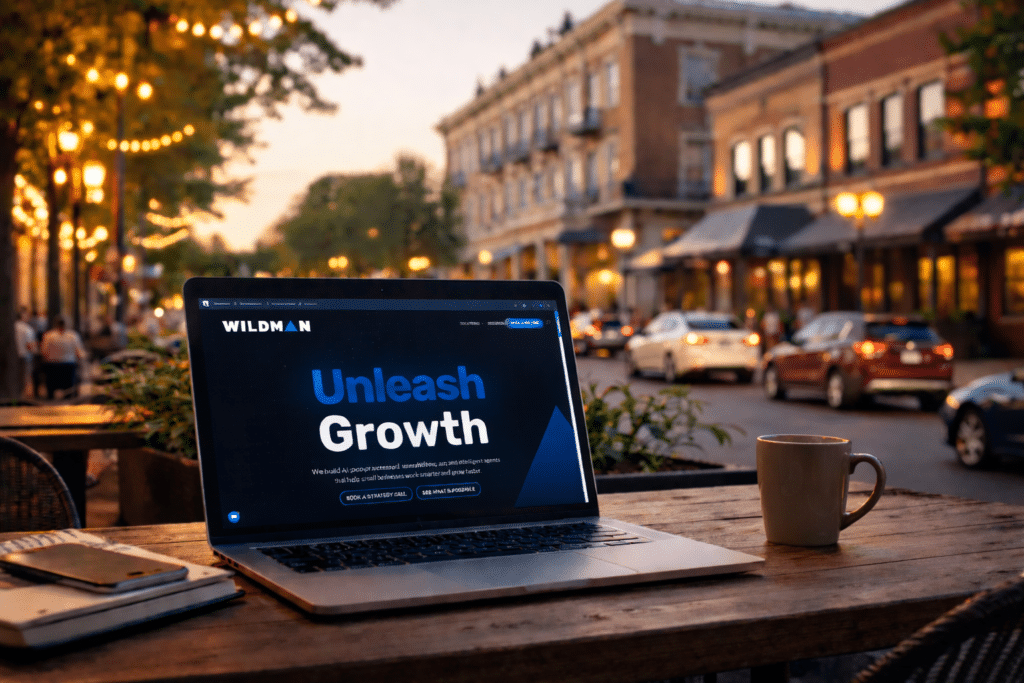 A Wildman-built website on a laptop at a cafe table on Mass St in Lawrence, Kansas