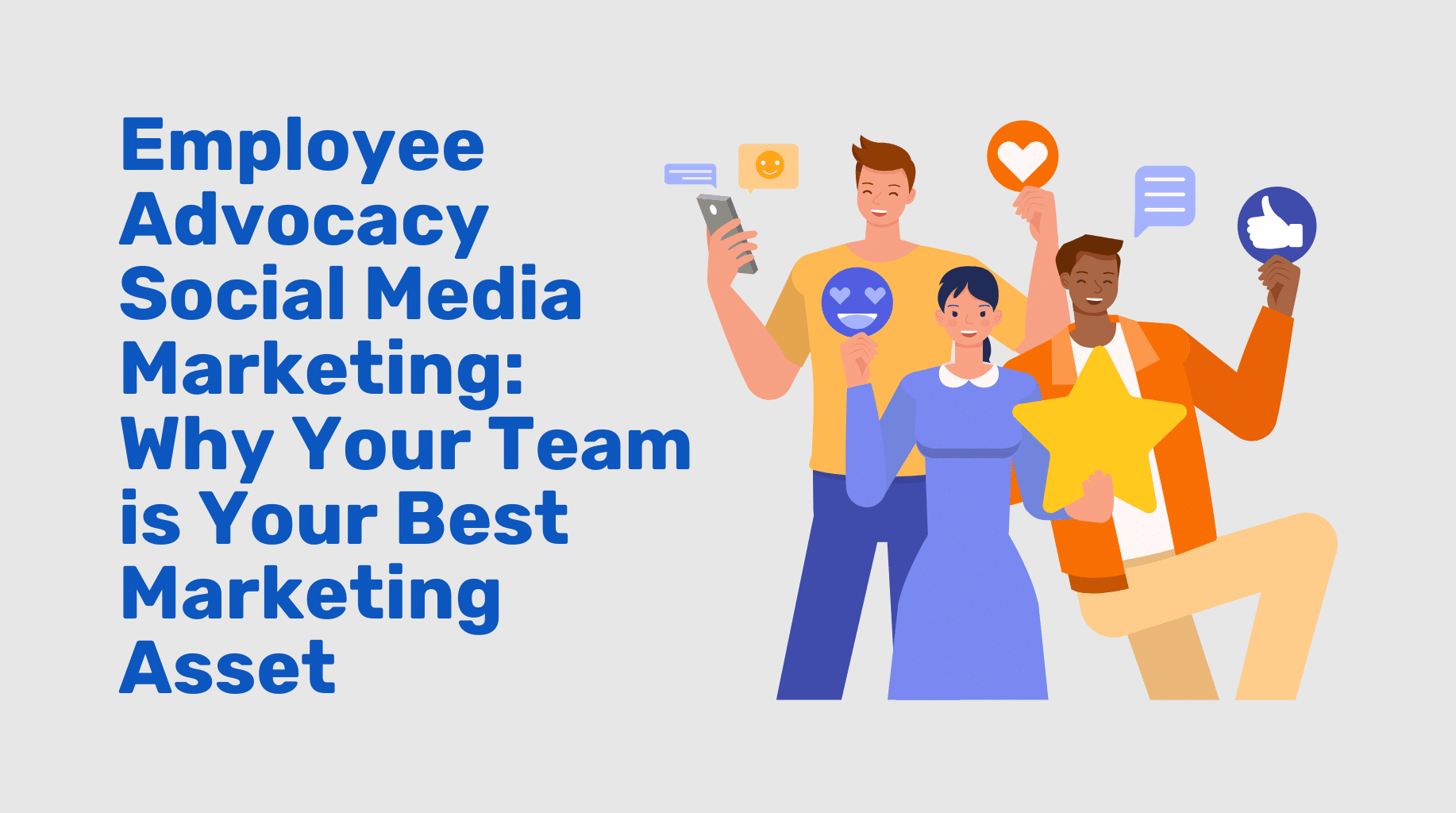 Title Slide: Employee Advocacy Social Media Marketing. Group of cartoon people using social media