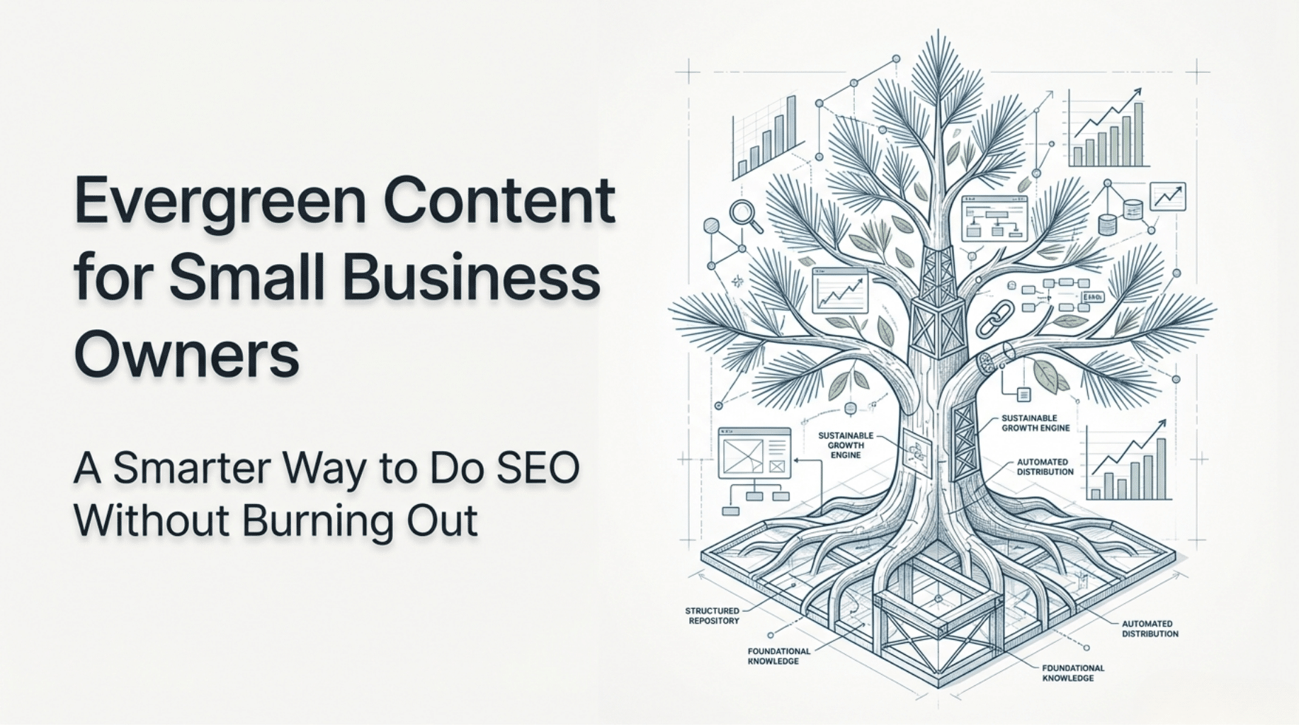Text on white background with the title - Evergreen Content for Small Business Owners. Visual of tree with references to evergreen content