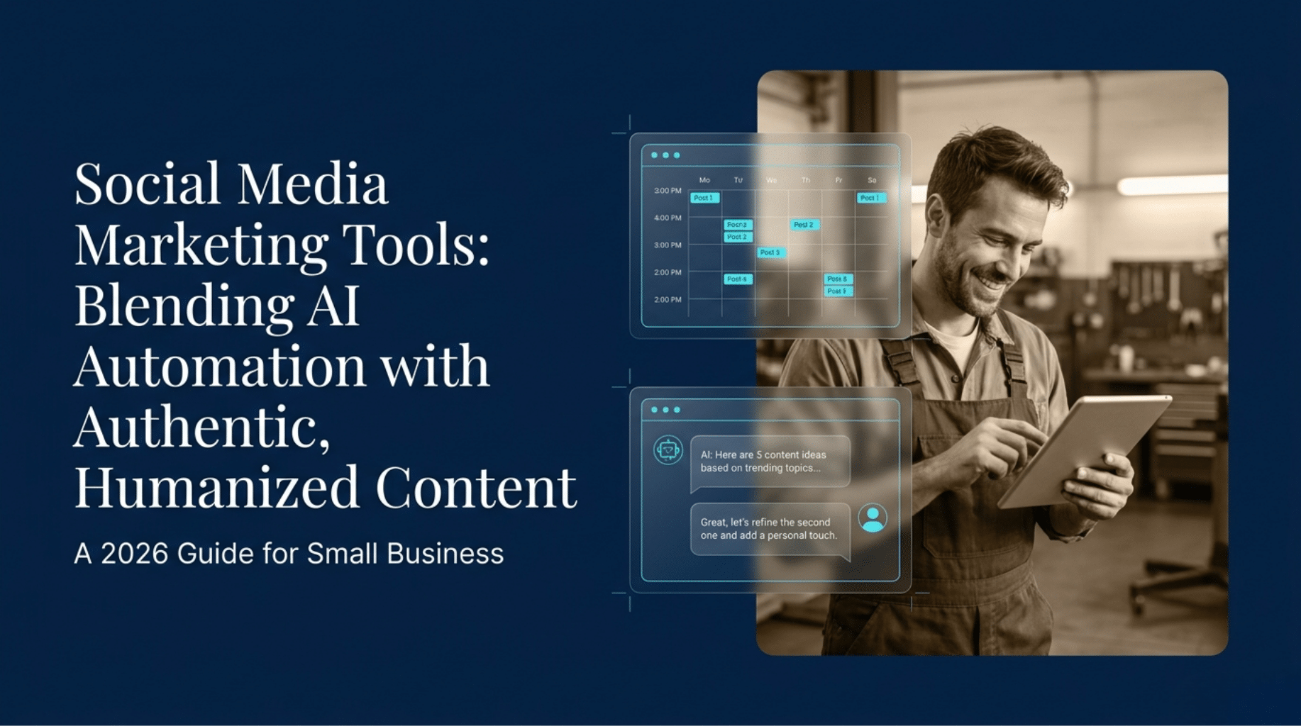 Article Title Slide - "Social Media Marketing Tools: Blending AI Automation with Authentic, Humanized Content."