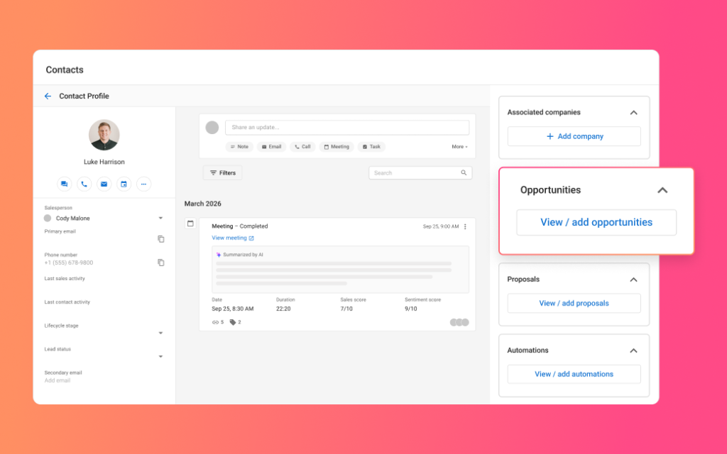 A CRM AI contact record updating itself with an AI-summarised meeting, sales score and linked opportunities