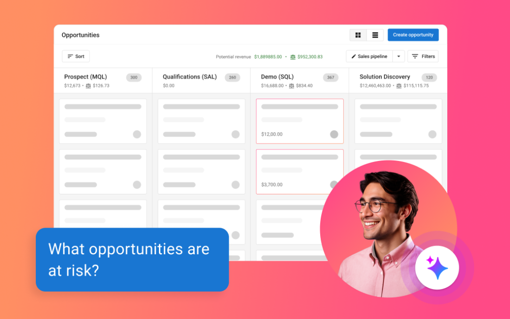 CRM AI opportunity board with deals by stage and values, answering the question which opportunities are at risk
