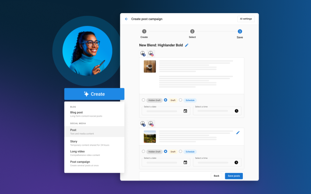 Social AI post campaign builder scheduling drafts across platforms with dates, times and approval