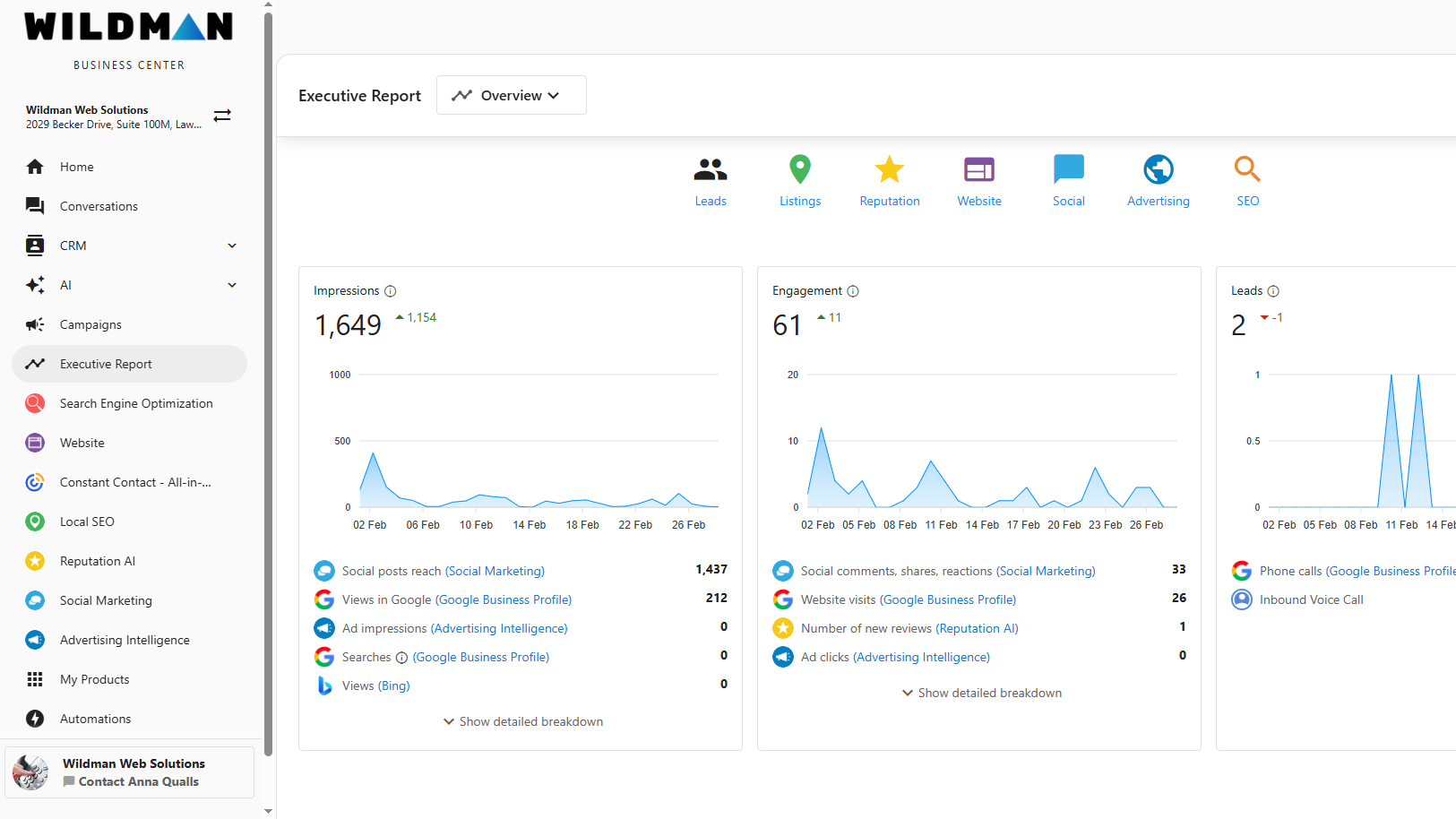 The Wildman Business Center monthly executive report showing impressions, engagement and leads with their sources