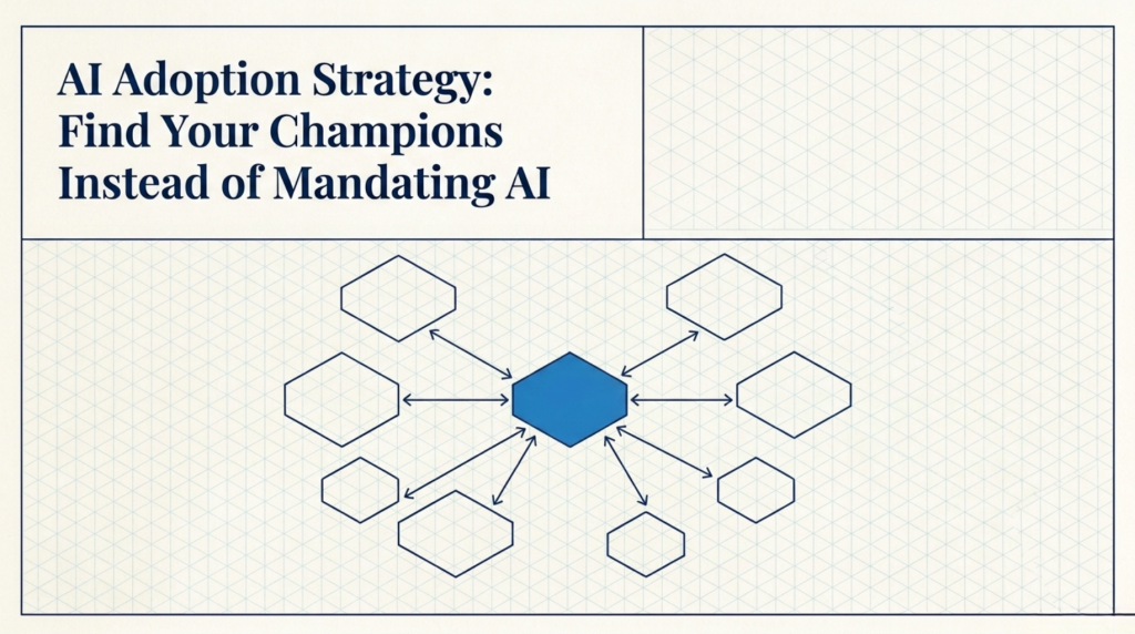 Title slide of blog post: "AI Adoption Strategy: Find Your Champions Instead of Mandating AI"