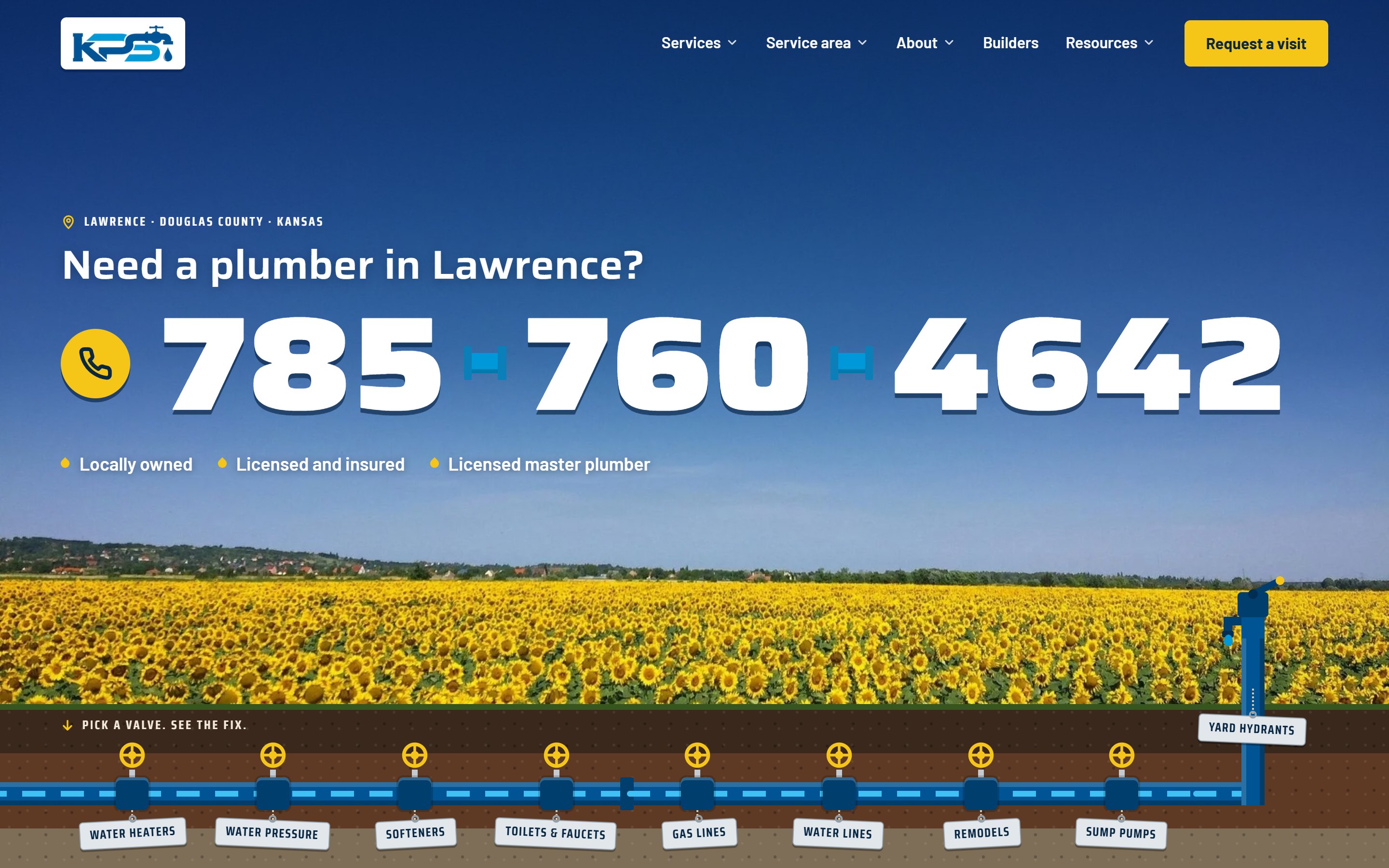 The Kansas Plumbing Solutions website on a desktop screen, built by Wildman Web Solutions