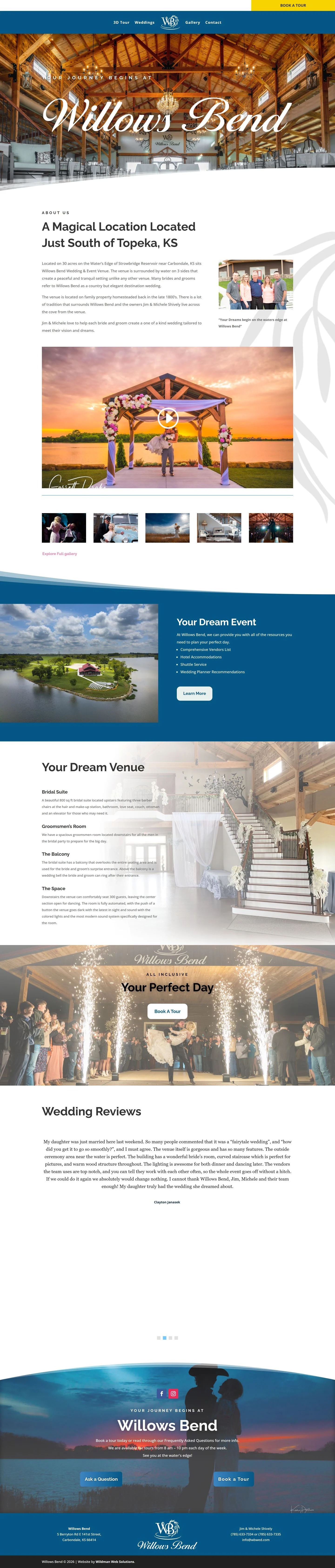 The Willows Bend Wedding & Event Venue website on a desktop screen, built by Wildman Web Solutions